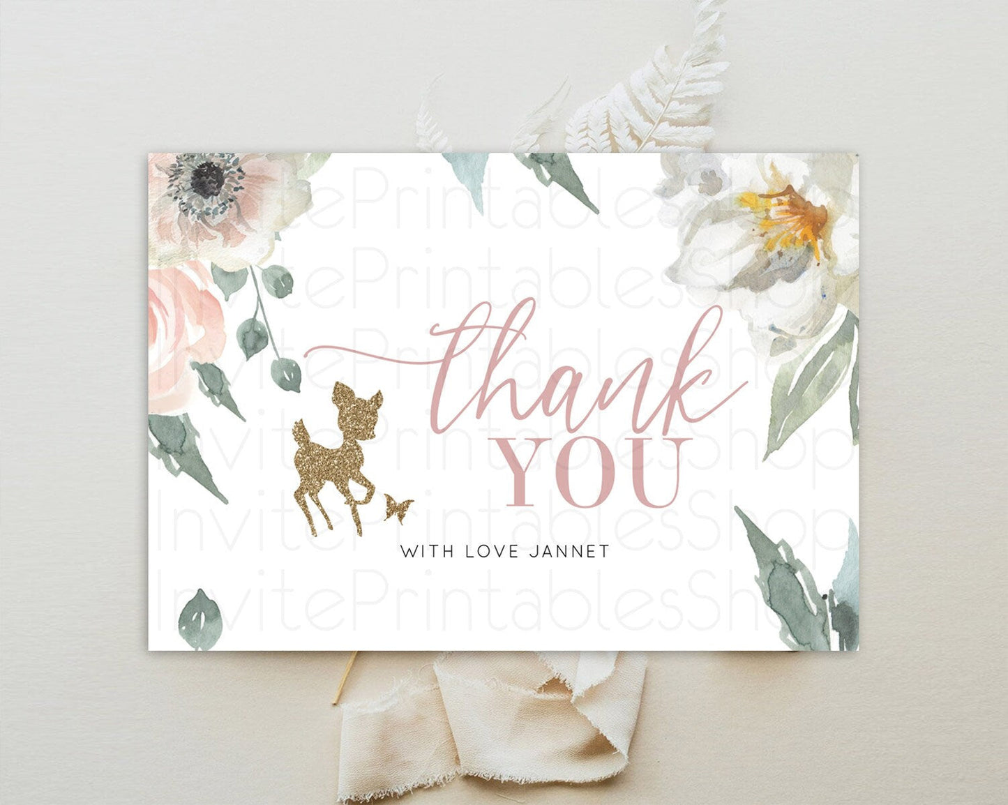 Fawn Thank You Deer Thank You Card Pastel Floral Deer Birthday Thank You Card Enchanted Forest Butterfly Deer Teacher Thank You Card D10120