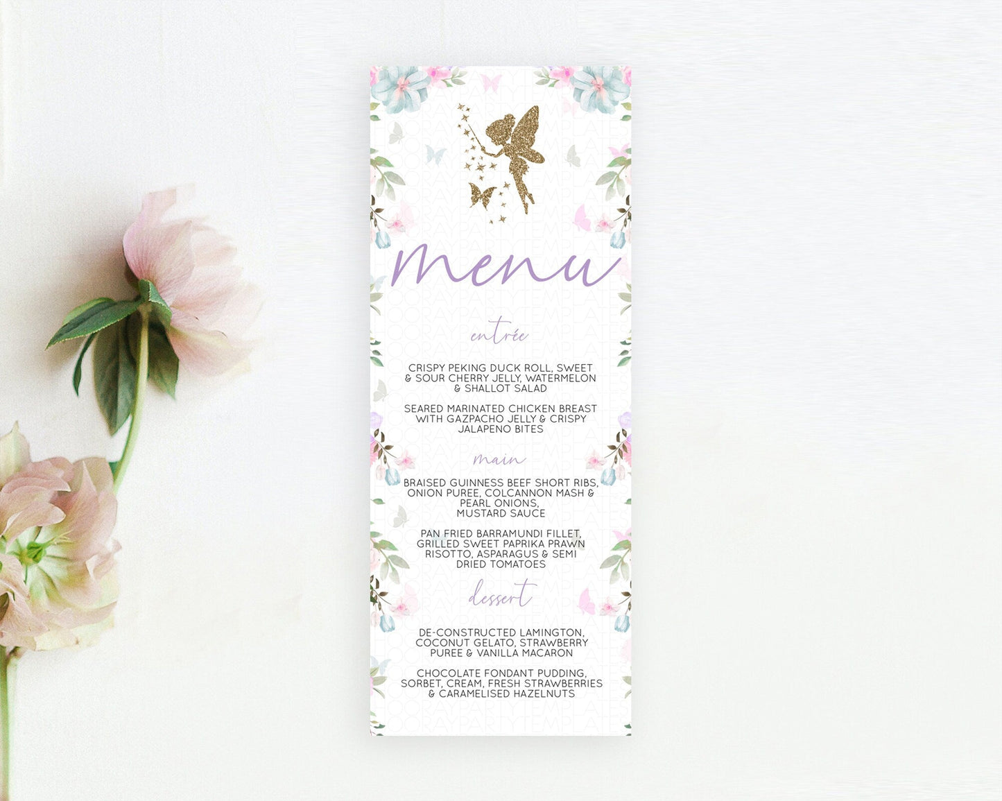 Fairy Menu Fairy Menu Template Enchanted Garden Pastel Floral Butterfly Table Decor Fairy Secret Garden Dinner Dessert Food Menu D10475
