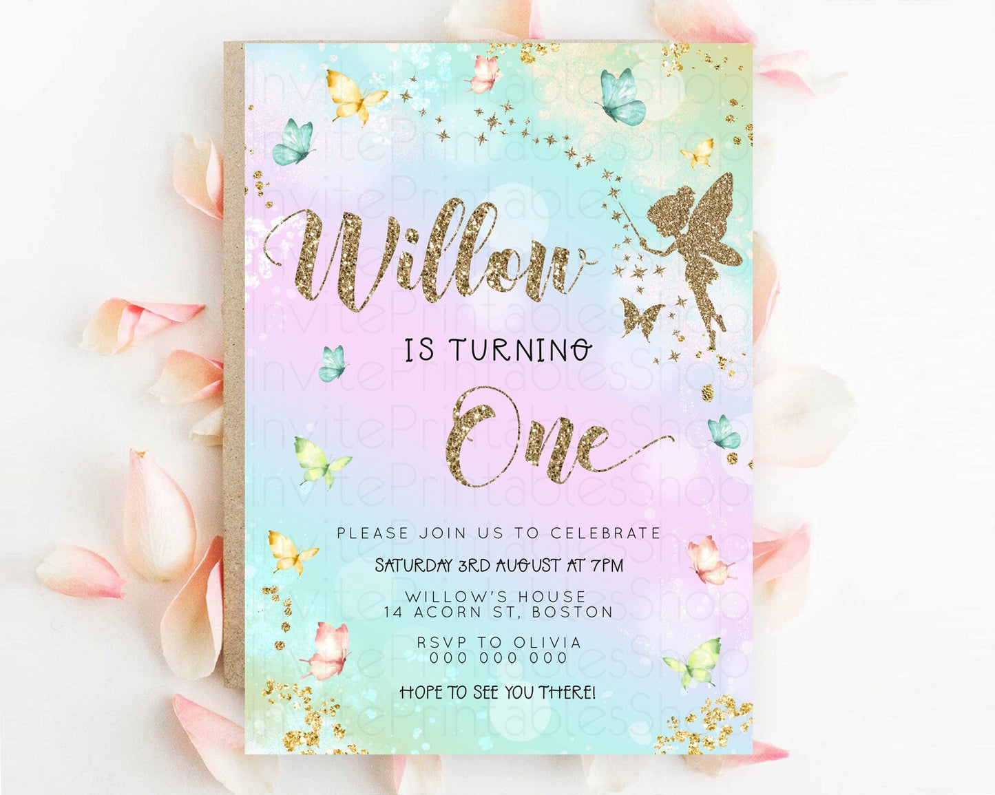 Pastel Fairy Birthday Invitation Pastel Butterflies Fairy Birthday Invitation Rainbow Ombre Watercolor 1st 2nd Birthday Invitation D23162