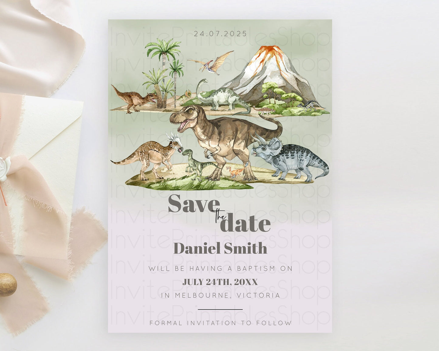 Dinosaur Save The Date Template Dinosaur Volcano Watercolor Volcano T-Rex Raptor Jurassic Party 1st Birthday Baptism Baby Shower D10671