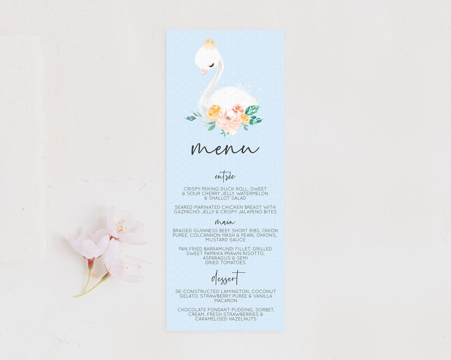 Swan Menu Swan Princess Ballet Menu Template Enchanted Swan Lake Table Decor Secret Garden Pastel Floral Dinner Dessert Food Menu  D10903