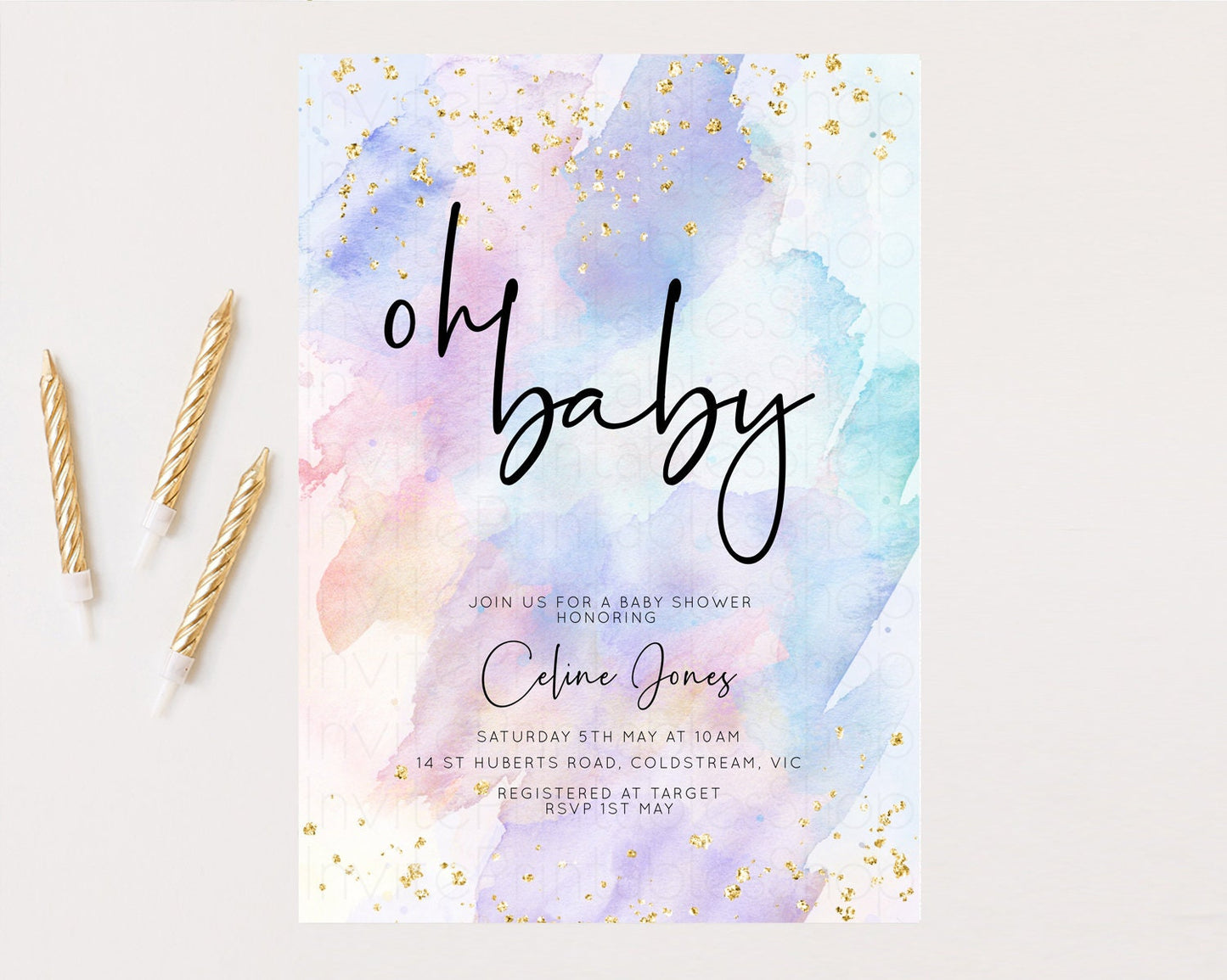 Rainbow Baby Shower Invitation Watercolor Pastel Invitation Colorful Splash Baby Invite Gold Glitter Sprinkles Ombre Gender Reveal t576