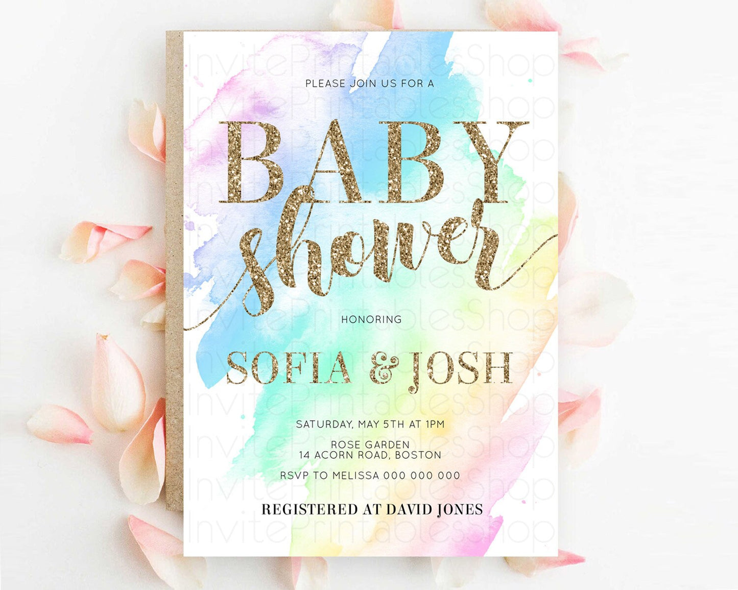 Pastel Baby Shower Invitation Rainbow Baby Shower Invitation Colorful Pastel Watercolor Invitation Gold Glitter Sprinkles Ombre D10637