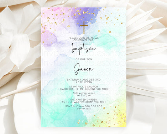 Pastel Baptism Invitation Pastel Colors Watercolor Baptism 1st Birthday Party Gold Ombre Pastel Rainbow Christening Holy Communion D10158