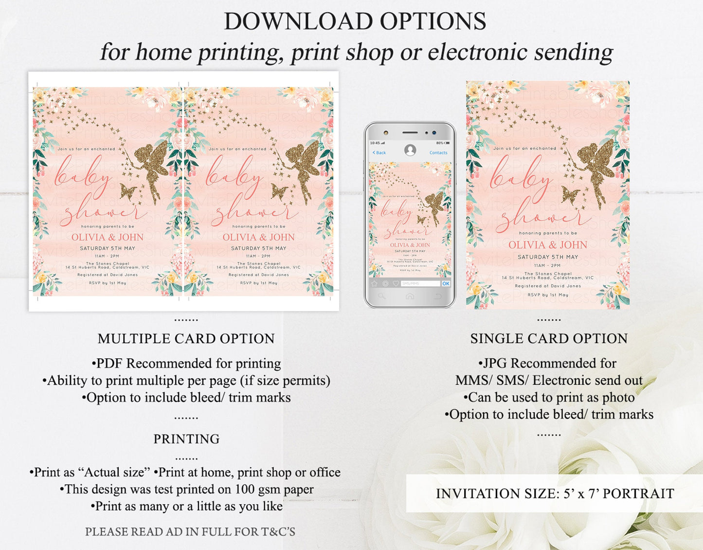 Fairy Baby Shower Invitation Enchanted Baby Tinkerbell Glitter Pixie Twinkle Stars Fairytale Pastel Watercolor Flowers Editable Template