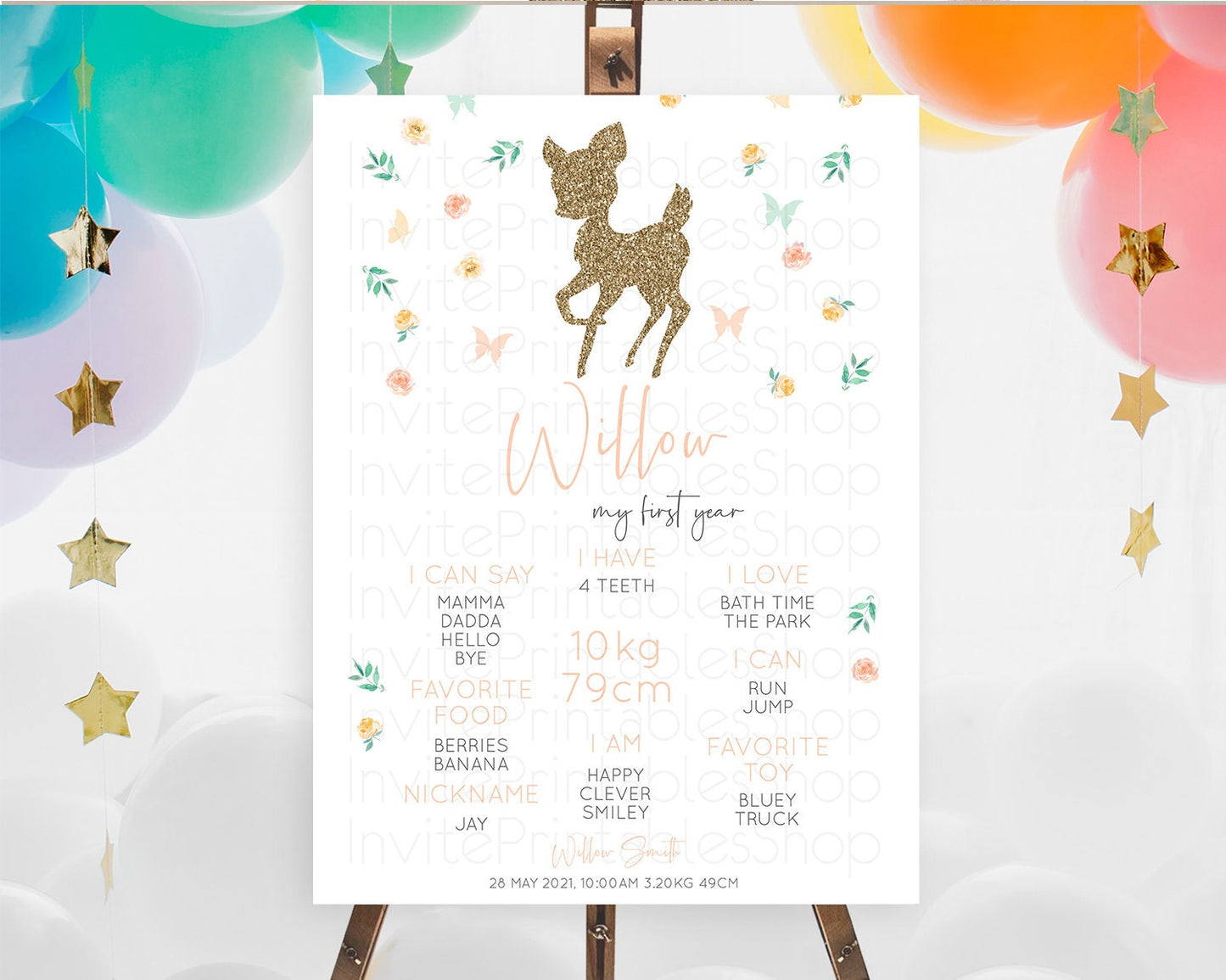 Fawn First Birthday Milestone Board Deer First Birthday Milestone Poster Enchanted Forest Butterfly Pastel Flowers 1st Birthday Sign D10355