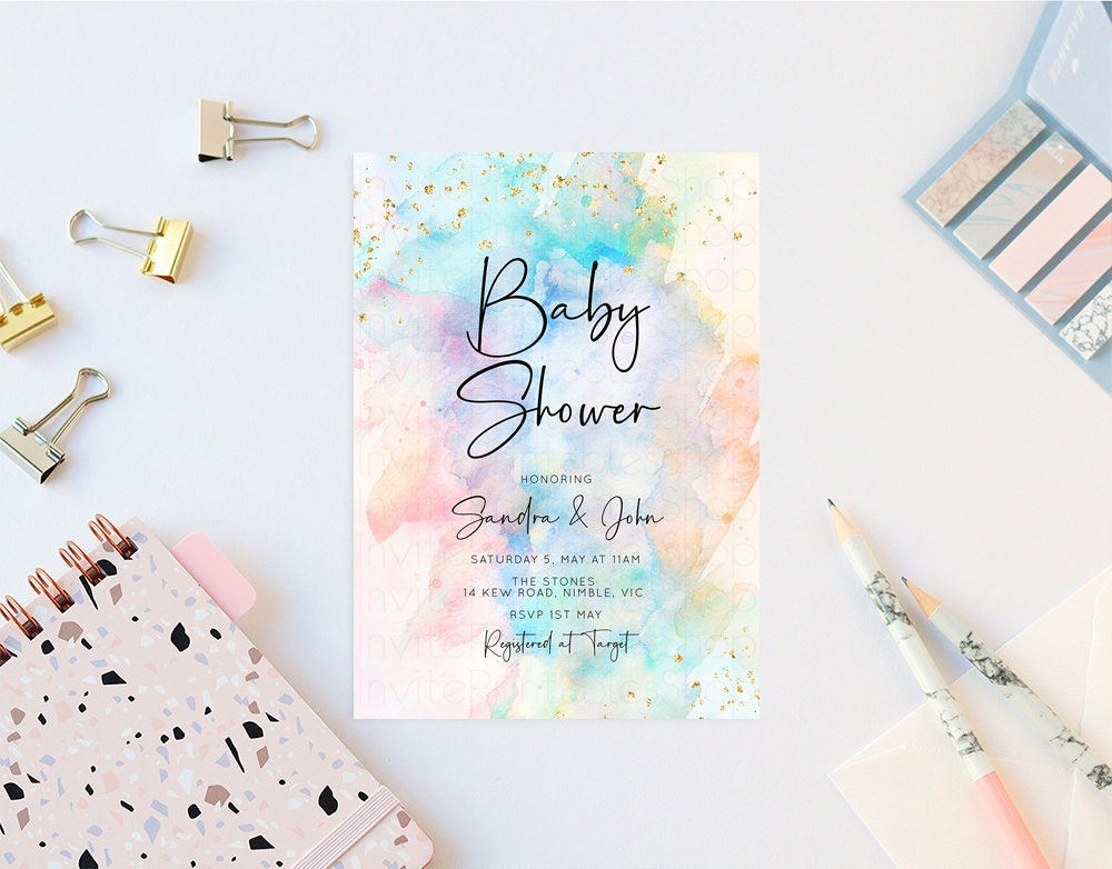 Rainbow Baby Shower Invitation Pastel Watercolor Invitation Colorful Splash Invite Gold Sprinkle Invite Gold Glitter Invite Confetti 276v3