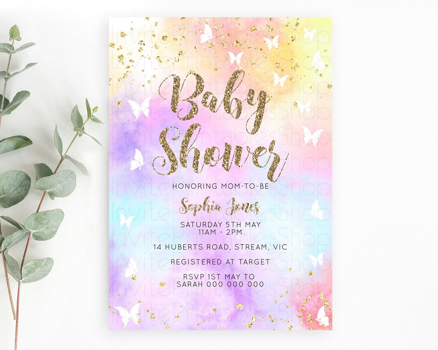 Pastel Baby Shower Invitation Rainbow Baby Shower Invitation Colorful Pastel Watercolor Invitation Gold Glitter Sprinkles Ombre D10435