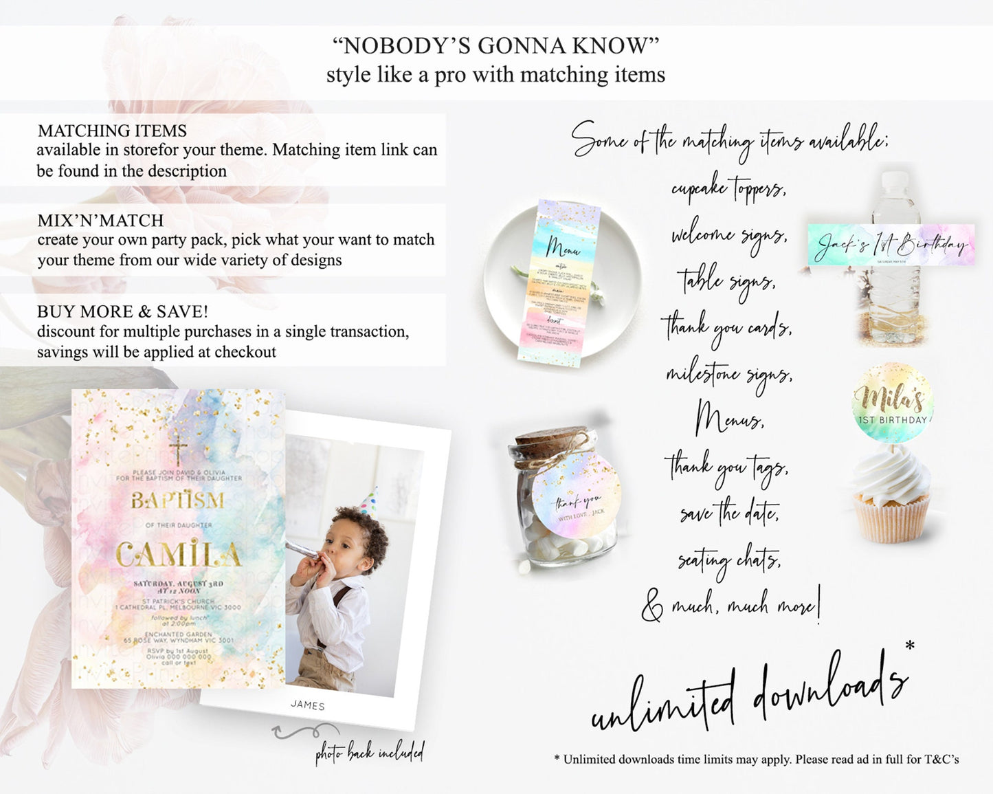 Pastel Baptism Invitation Pastel Colors Watercolor Baptism 1st Birthday Party Gold Ombre Pastel Rainbow Christening Holy Communion D10835