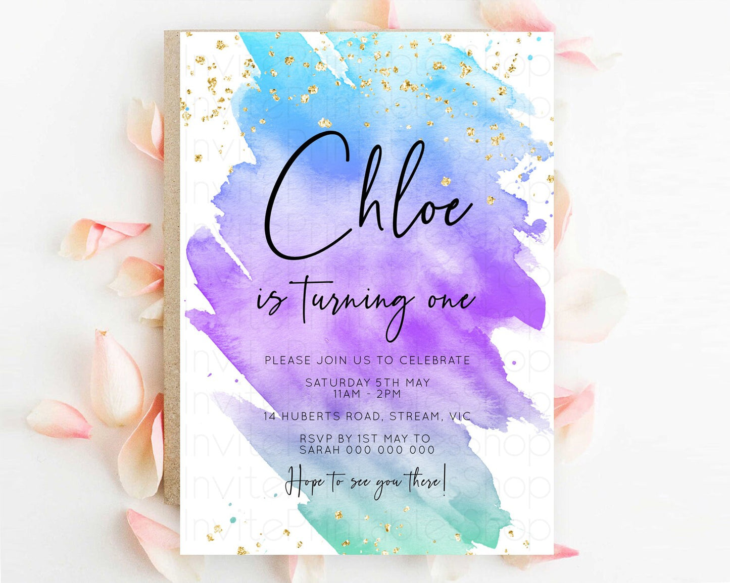 Rainbow Birthday Invitation Colorful Pastel Watercolor Invitation Gold Glitter Sprinkles Ombre Pastel 1st 2nd 3rd Birthday D10491
