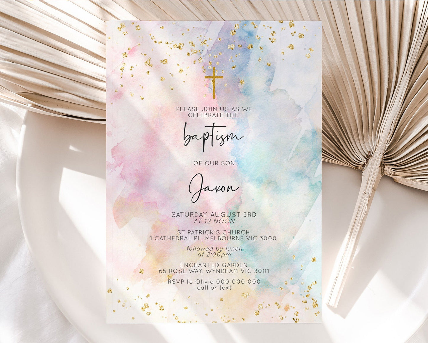 Rainbow Baptism Invitation Pastel Christening Invitation Holy Communion Invitation Glitter Watercolor Splash Invitation Colorful Invite 276