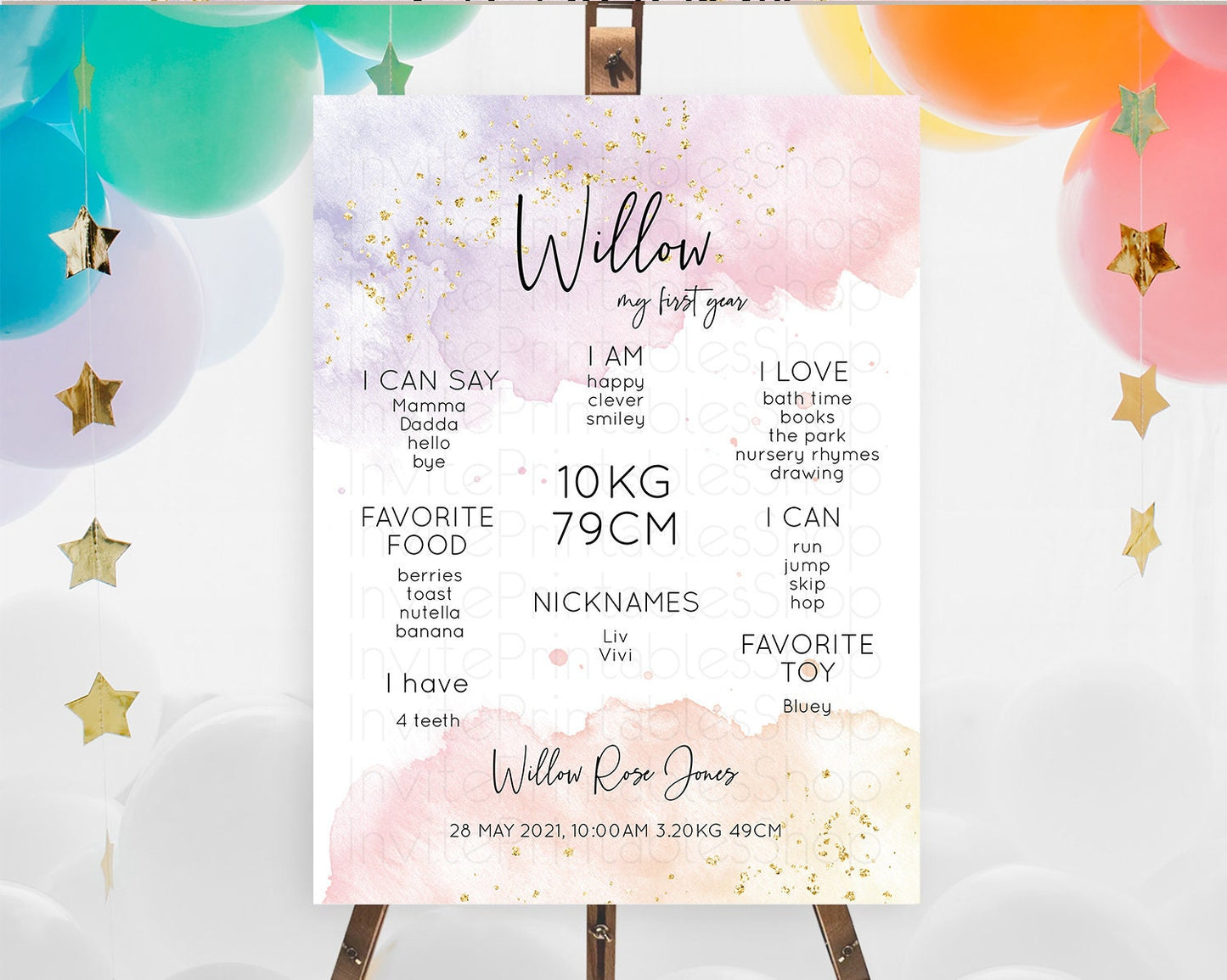 Pastel First Birthday Milestone Board Pastel Rainbow Milestone Poster Colorful Confetti Watercolor Glitter 1st Birthday Welcome Sign D10327