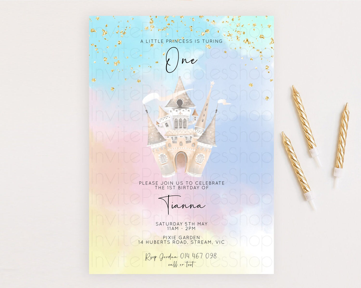 Princess Birthday Invitation Princess Invitation Pastel Invitation Royal Birthday Rainbow Color Enchanted Castle 1st First Birthday D10376