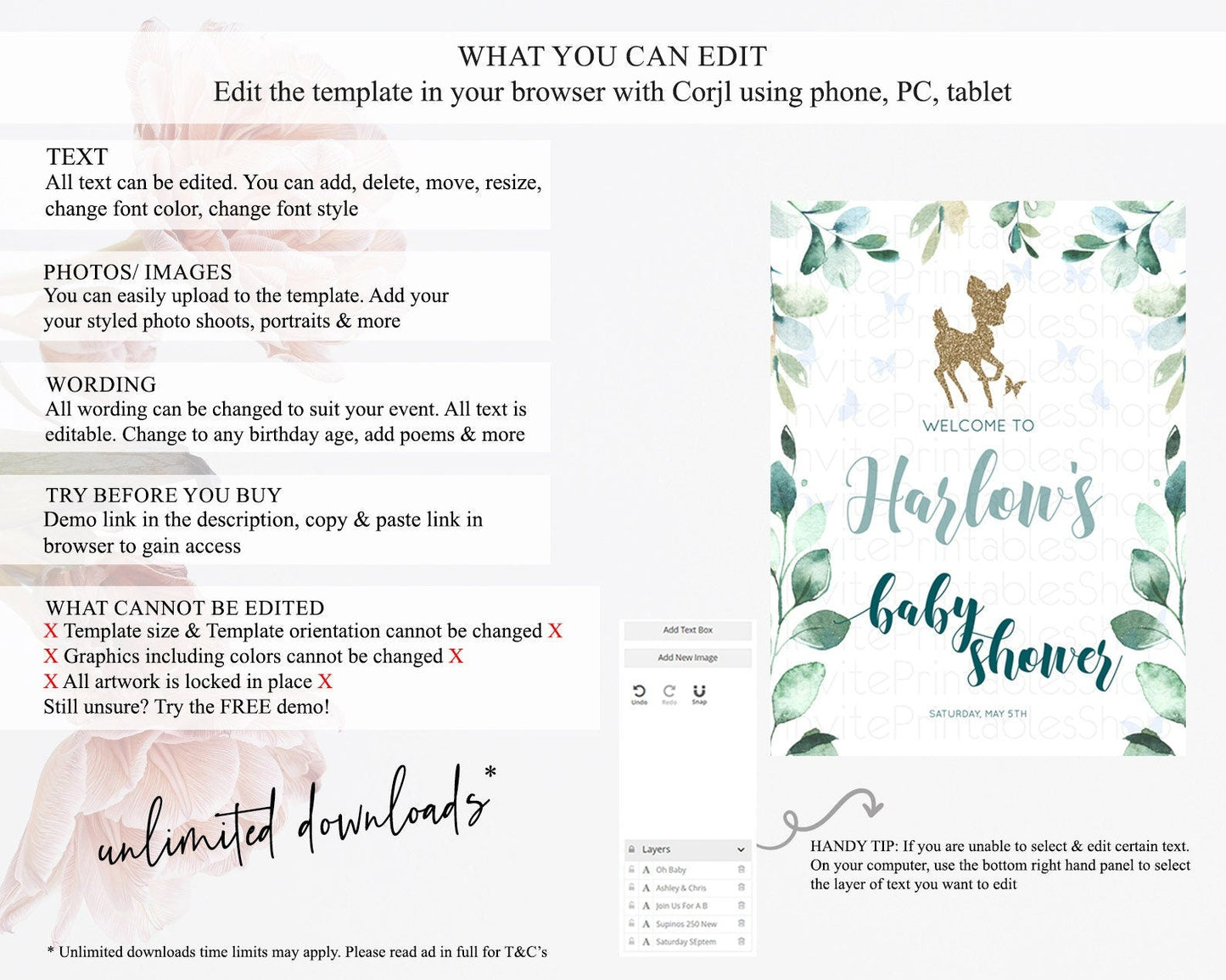 Fawn Baby Shower Welcome Sign Deer Welcome Board Floral Deer Welcome Poster Enchanted Forest Butterfly Pastel Floral Welcome Sign D10882