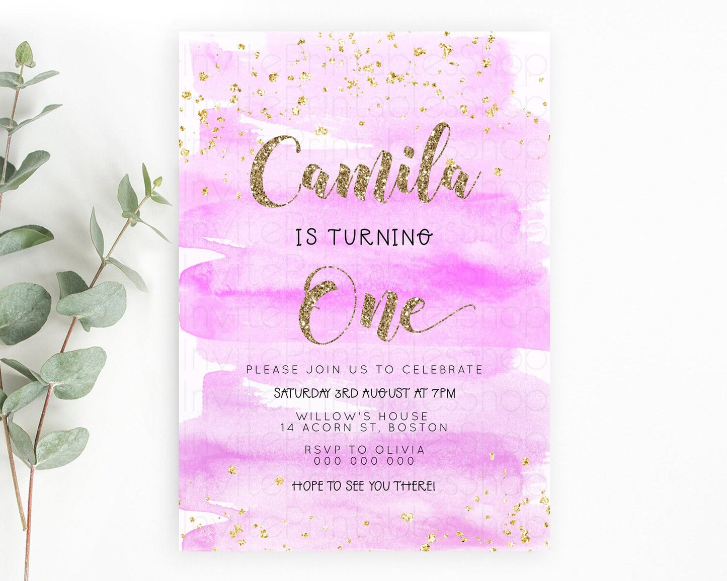 Pink Birthday Invitation pink Watercolor Invitation Pastel pink Watercolor Invitation pink Splash Gold Invitation 1st First Birthday D23279