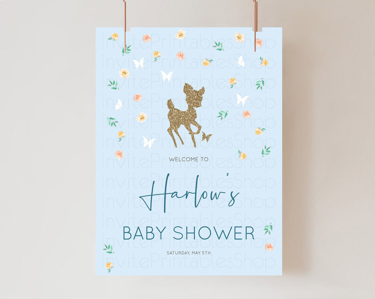 Fawn Baby Shower Welcome Sign Deer Welcome Board Floral Deer Welcome Poster Enchanted Forest Butterfly Pastel Floral Welcome Sign D10902