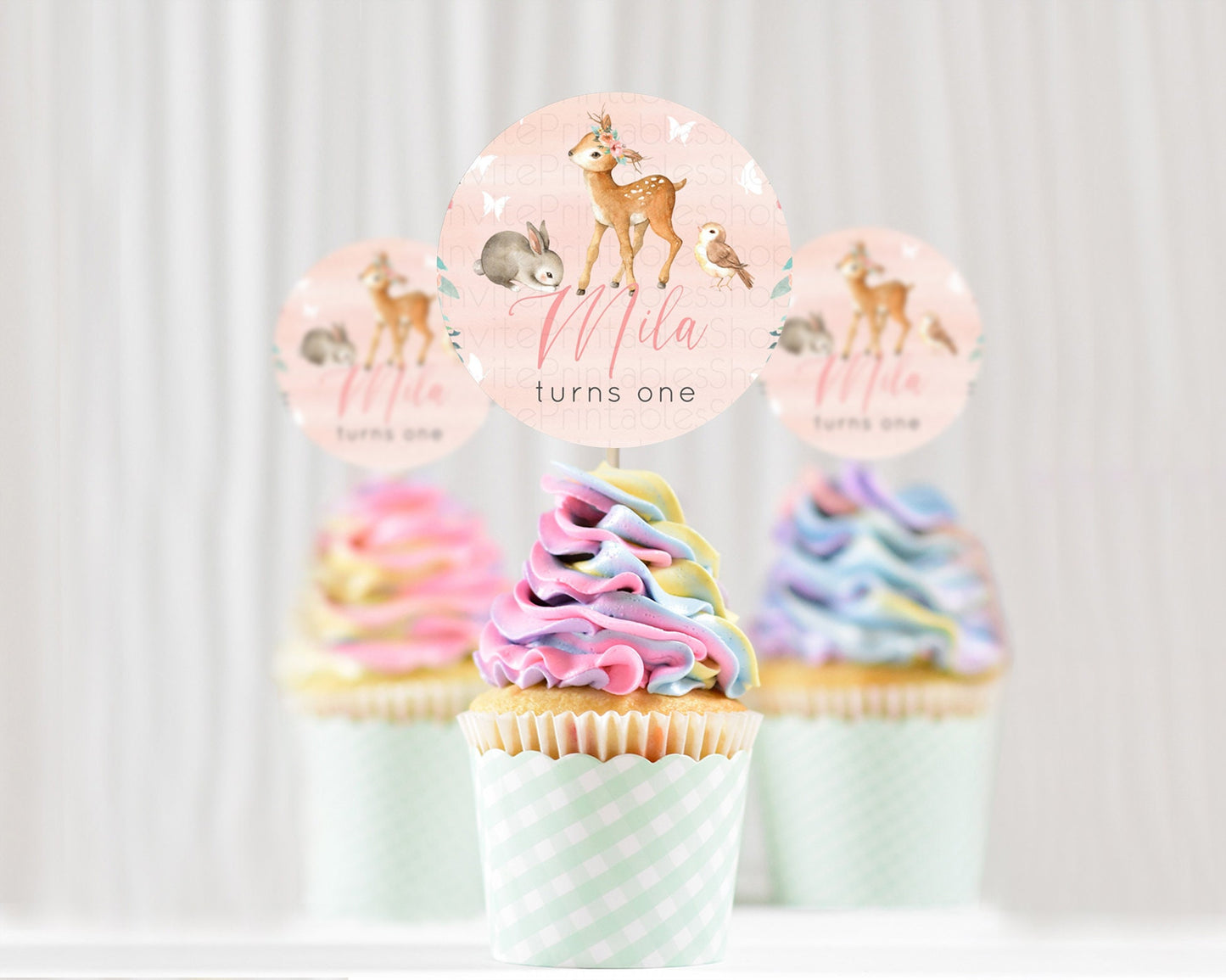 Fawn Cupcake Toppers Deer Cupcake Toppers Enchanted Forest Party Butterfly Pastel Flowers Woofland Cupcake Toppers First Birthday D10921