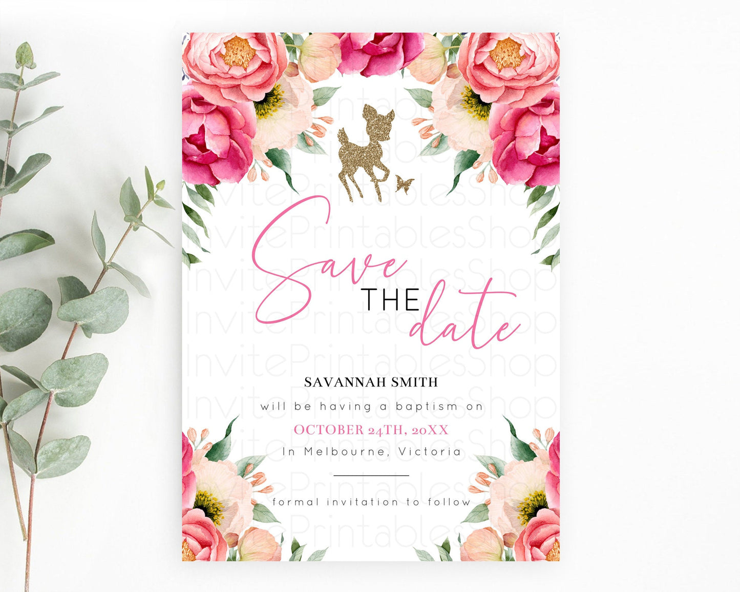 Fawn Deer Save The Date Template Pastel Floral Deer Enchanted Forest Butterfly Party 1st Birthday Baptism Baby Shower Bridal Shower D10326