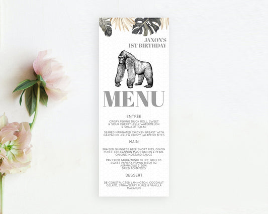 Gorilla Menu Gorilla Menu Template Gorilla Table Decor Safari Forest Adventure Decor Wild Gorilla Dinner Dessert Party Food Menu D10825