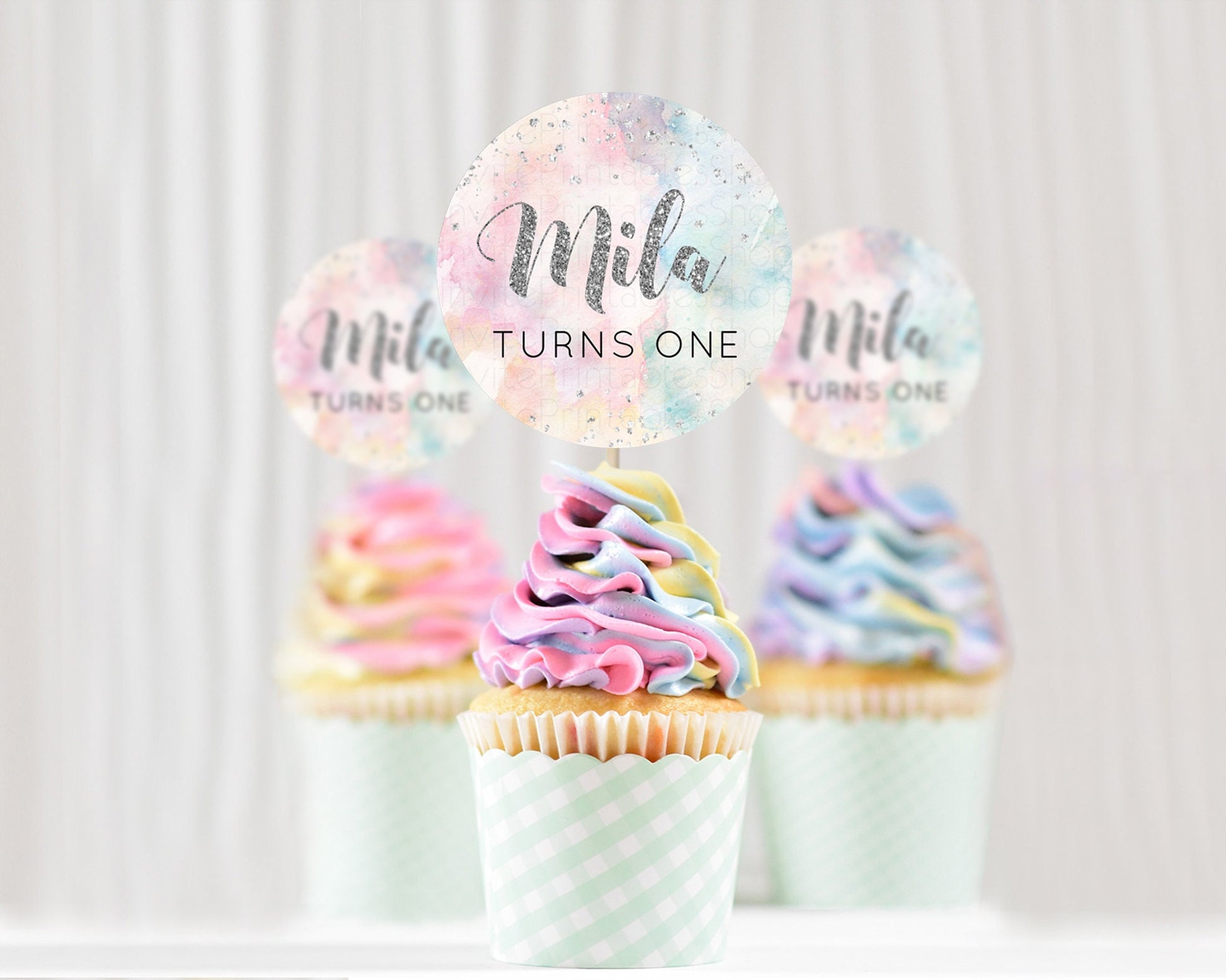 Editable Rainbow Cupcake Toppers Pastel Cupcake Toppers Silver Sprinkles Col