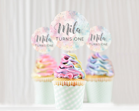 Editable Rainbow Cupcake Toppers Pastel Cupcake Toppers Silver Sprinkles Col