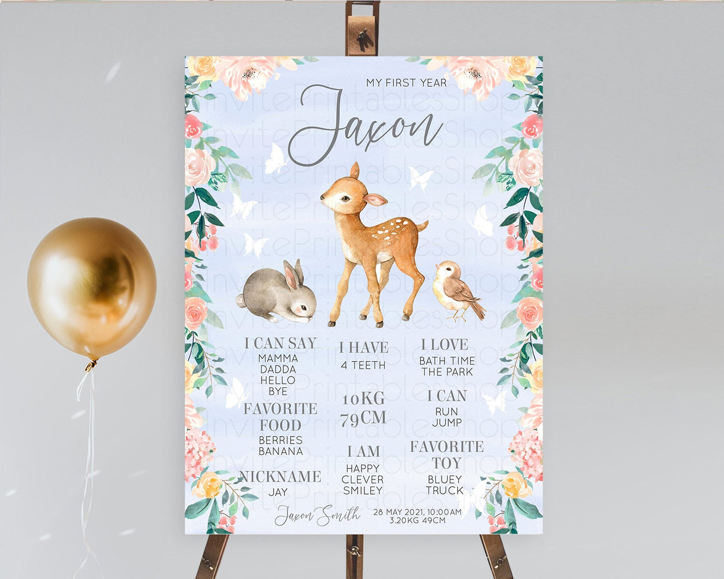 Fawn First Birthday Milestone Board Deer First Birthday Milestone Poster Enchanted Forest Butterfly Pastel Flowers 1st Birthday Sign D10920