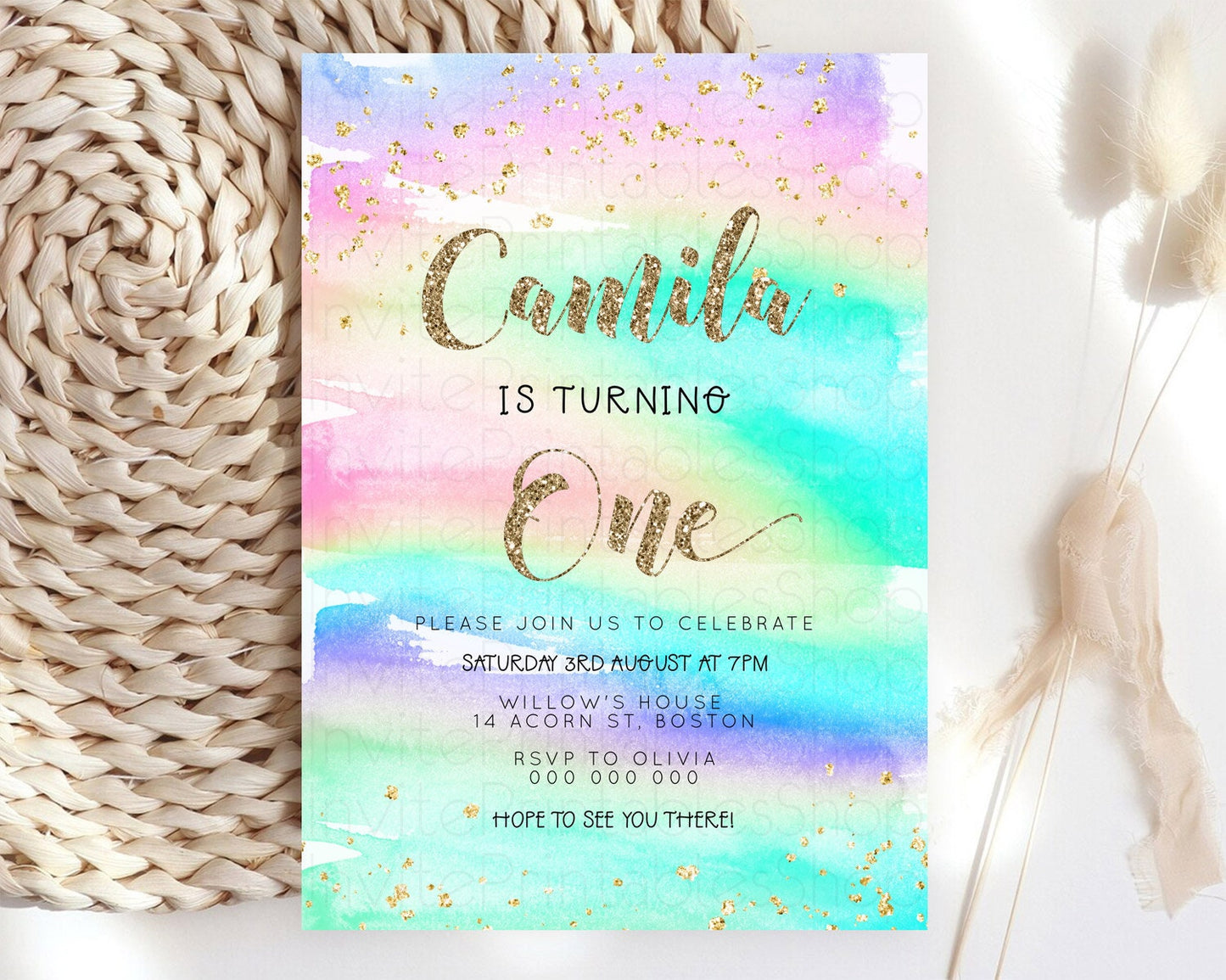 Rainbow Birthday Invitation Colorful Pastel Watercolor Invitation Gold Glitter Sprinkles Ombre Pastel 1st 2nd 3rd Birthday D23261