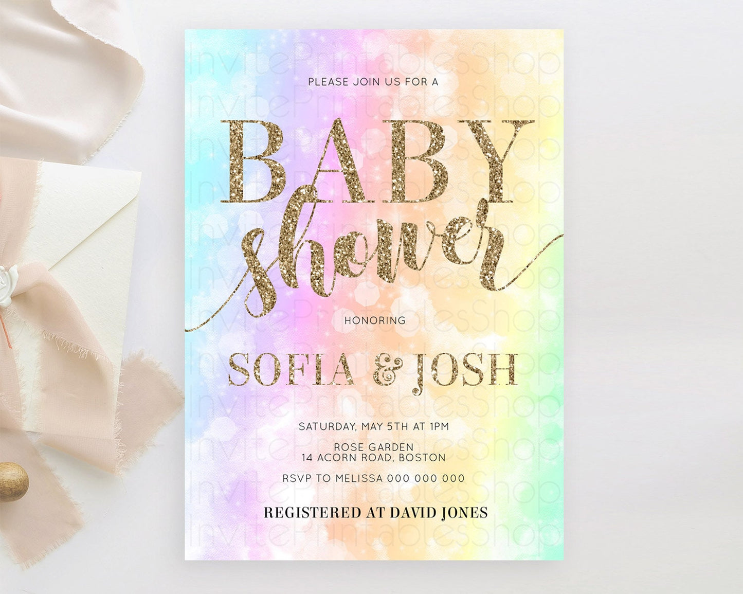 Pastel Rainbow Baby Shower Invitation, Colorful Watercolor, Gold Glitter Sprinkles - Teal, Pink, Purple, Orange, Yellow, Green Ombre D10648