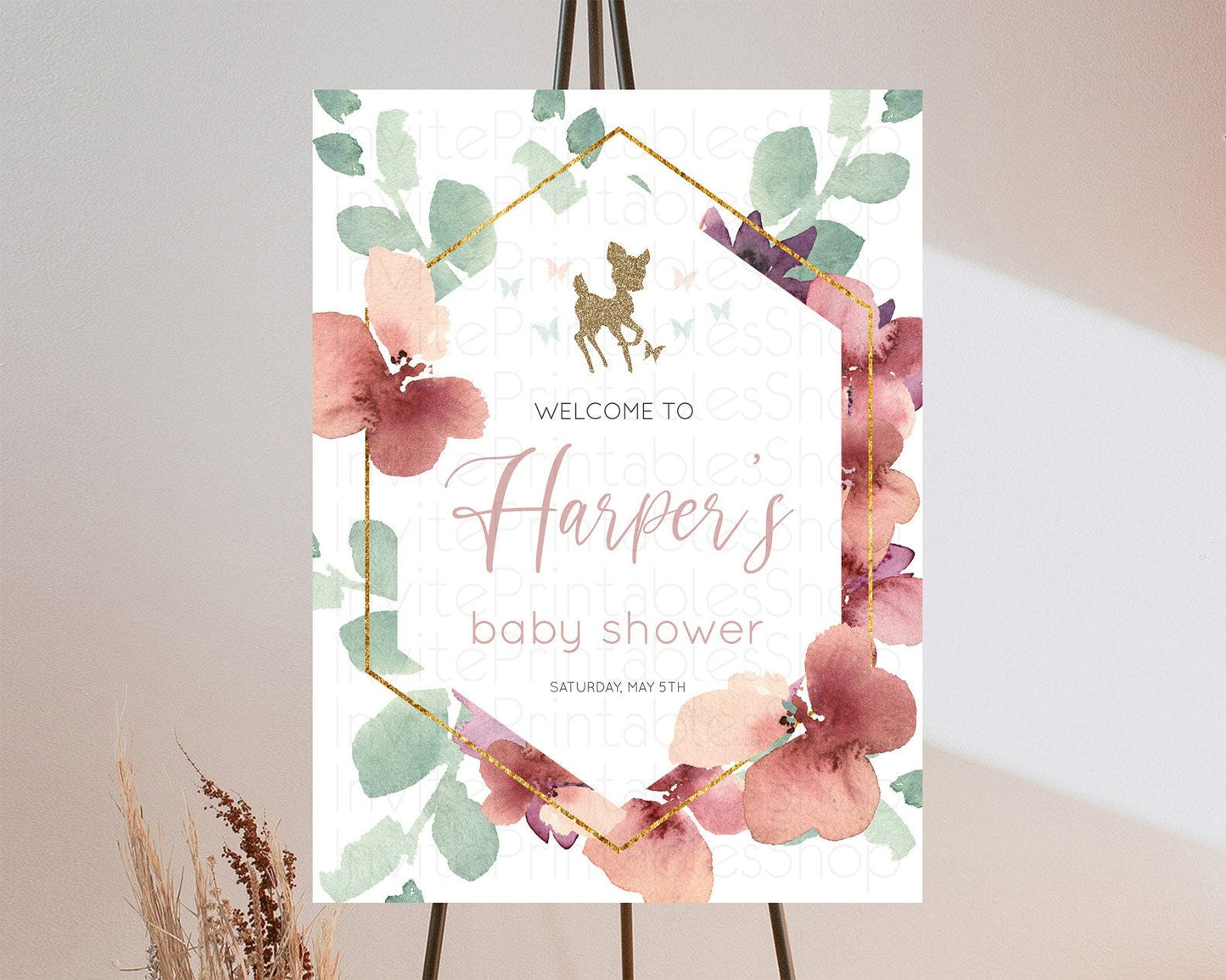 Fawn Baby Shower Welcome Sign Deer Welcome Board Floral Deer Welcome Poster Enchanted Forest Butterfly Pastel Floral Welcome Sign D10459