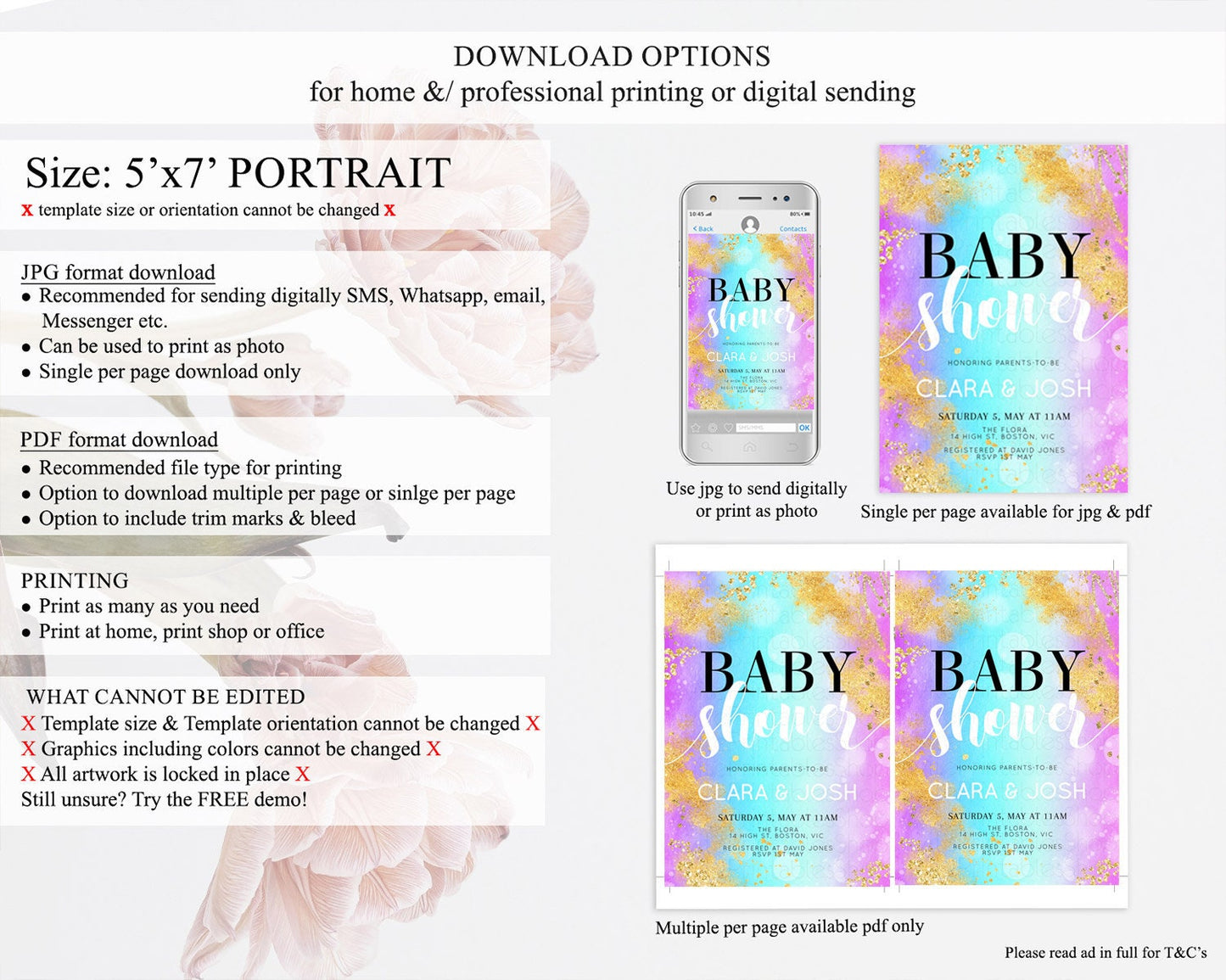 Pastel Baby Shower Invitation, Watercolor with Gold, Glitter Sprinkles, Bubbles Under The Sea Sand - Colorful Blue Purple Ombre Theme D10564