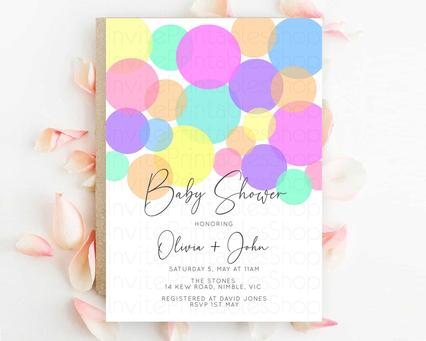 Rainbow Confetti Baby Shower Invitation, Pastel Rainbow Theme Colorful Sprinkles, Bubbles - Purple, Blue, Green, Pink, Orange, Yellow D10888