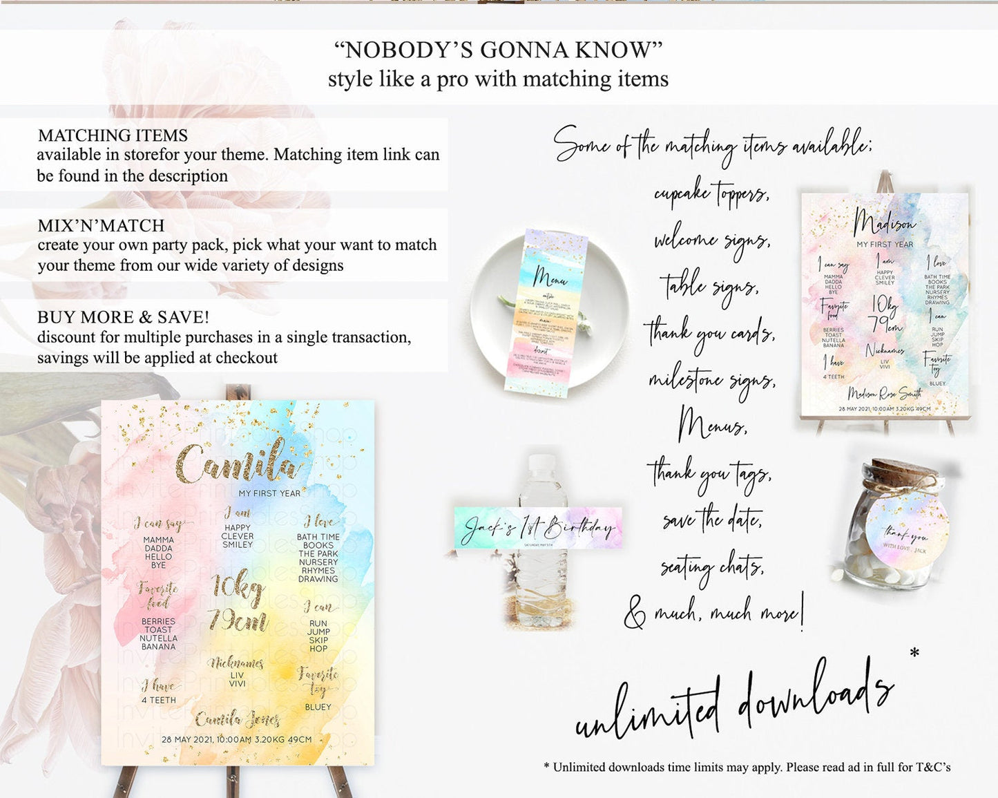Pastel First Birthday Milestone Board Pastel Rainbow Milestone Poster Colorful Confetti Watercolor Glitter 1st Birthday Welcome Sign D10556