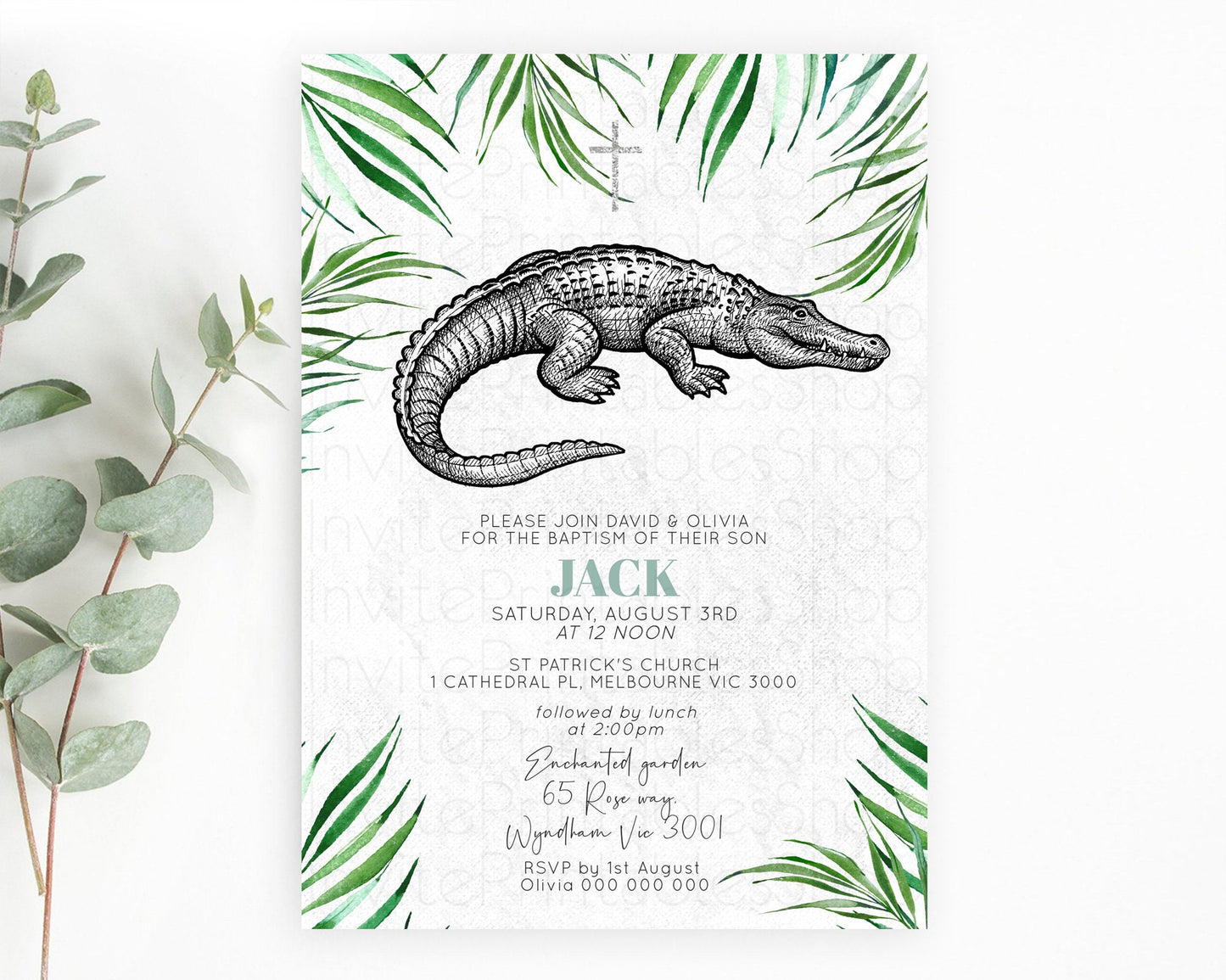 Crocodile Baptism Invitation Alligator Baptism 1st Birthday Invitation Later Alligator Swamp Safari Crocodile Christening Invitation D10847