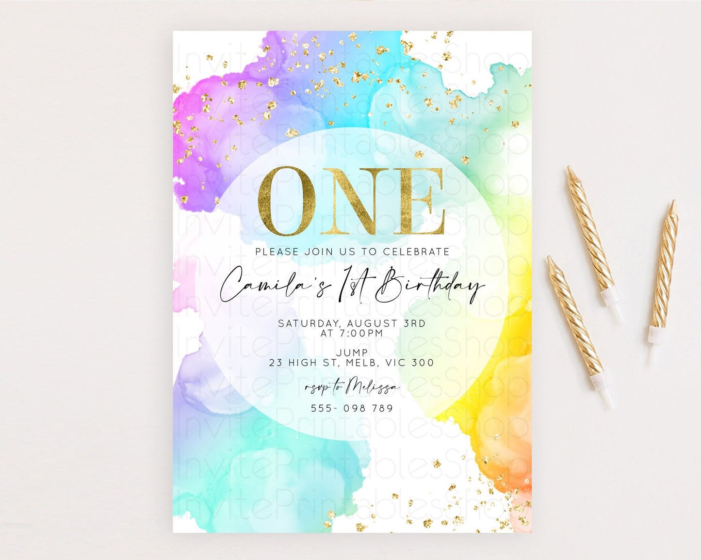 Rainbow Birthday Invitation Colorful Pastel Watercolor Invitation Gold Glitter Sprinkles Ombre Pastel 1st 2nd 3rd Birthday D10213