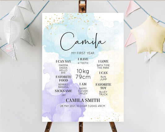 Pastel First Birthday Milestone Board Pastel Rainbow Milestone Poster Colorful Confetti Watercolor Glitter 1st Birthday Welcome Sign D10208