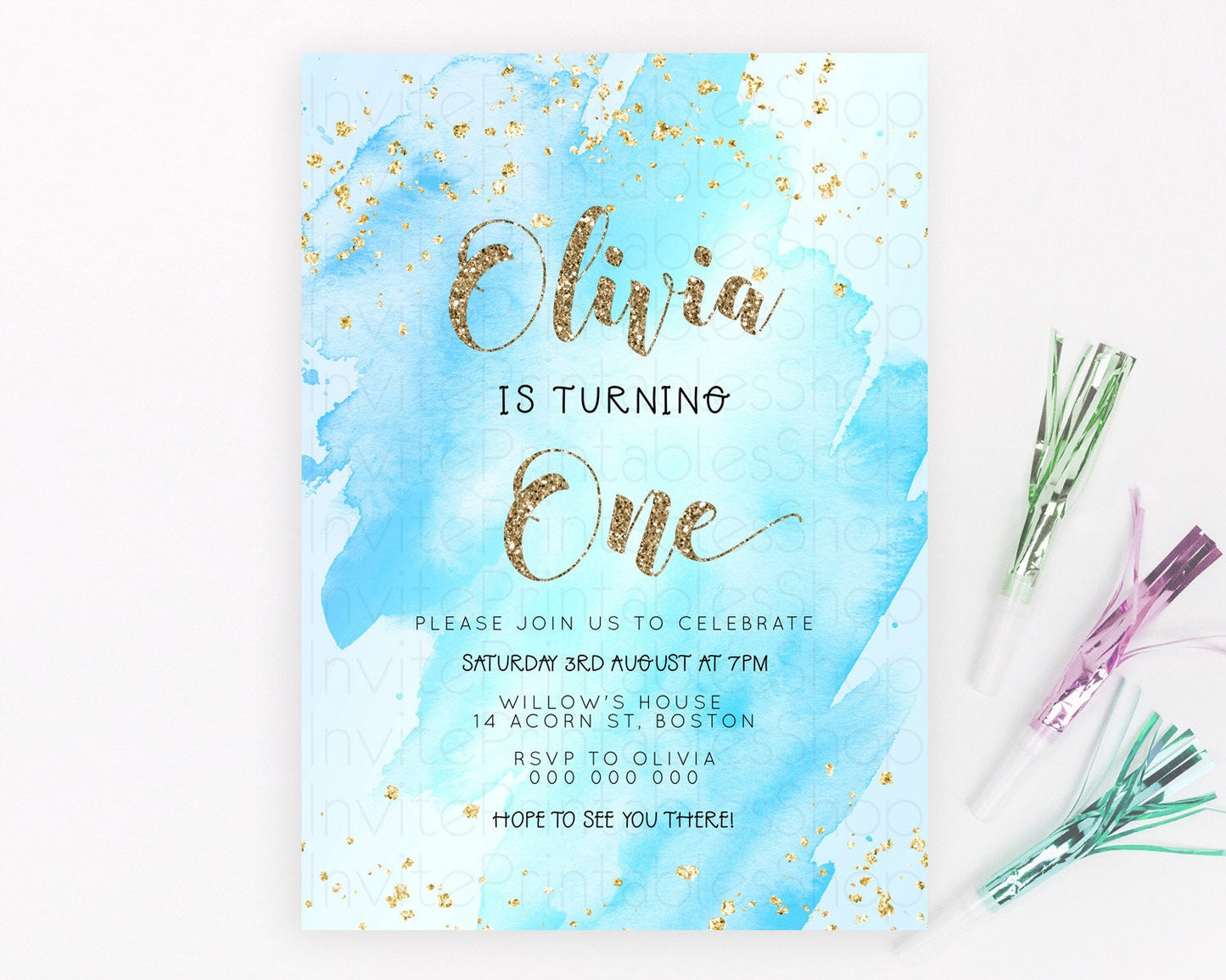 Blue Birthday Invitation Blue Watercolor Invitation Pastel Blue Watercolor Invitation Blue Splash Gold Invitation 1st First Birthday D23307