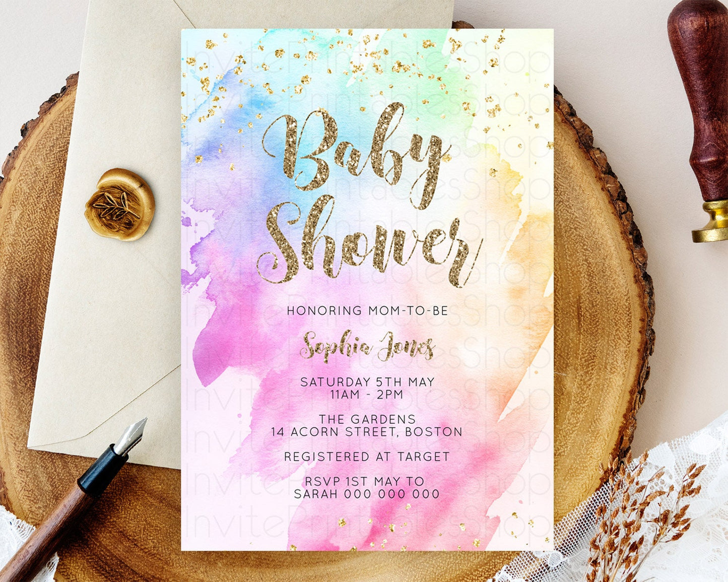 Pastel Rainbow Baby Shower Invitation, Colorful Watercolor Splash, Gold Glitter Confetti Sprinkles, Ombre Pink, Yellow, Green, Orange D10450