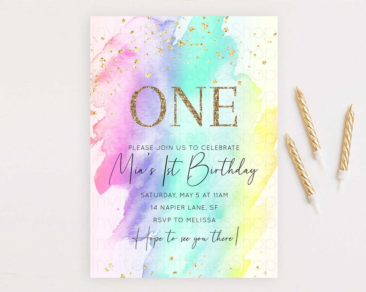 Rainbow Birthday Invitation Colorful Pastel Watercolor Invitation Gold Glitter Sprinkles Ombre Pastel 1st 2nd 3rd Birthday D10231