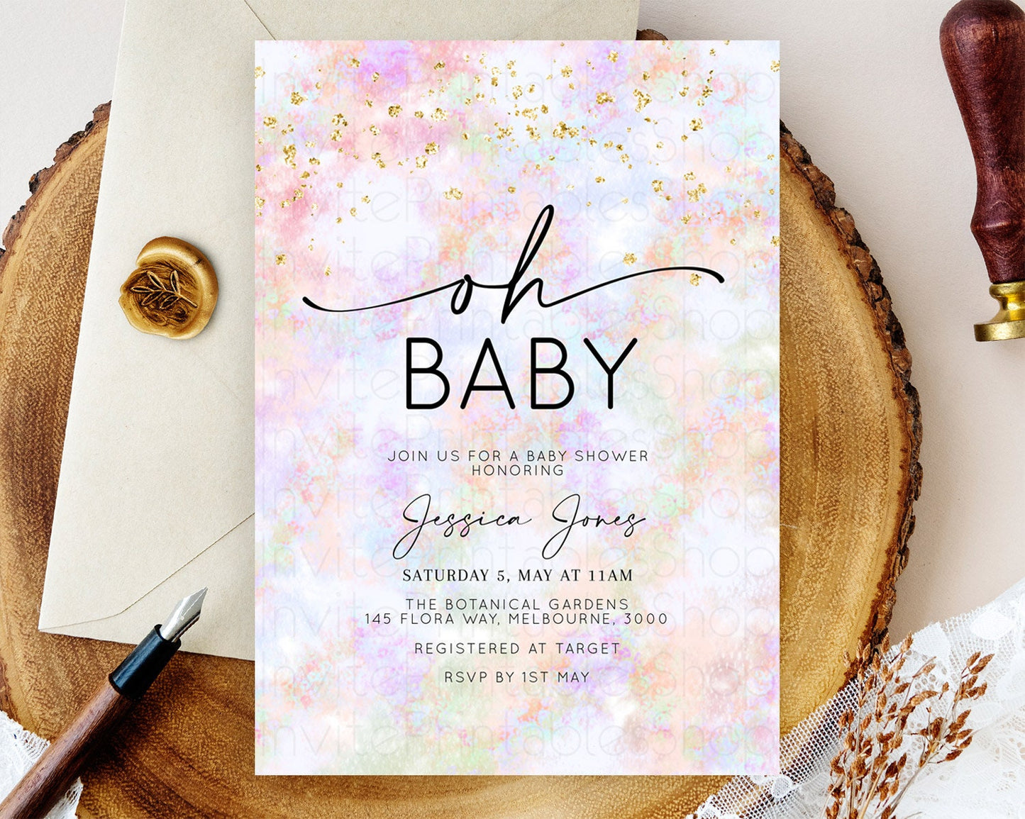 Pastel Baby Shower Invitation Rainbow Baby Shower Invitation Colorful Pastel Watercolor Invitation Gold Glitter Sprinkles Ombre D10649