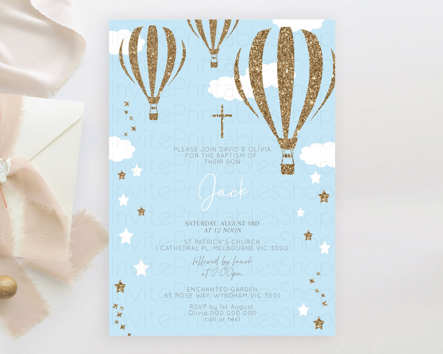 Hot Air Balloon Baptism Invitation Hot Air Balloon Baptism Birthday Invitation Adventure Awaits Up Up Away Glitter Blue Watercolor D10332