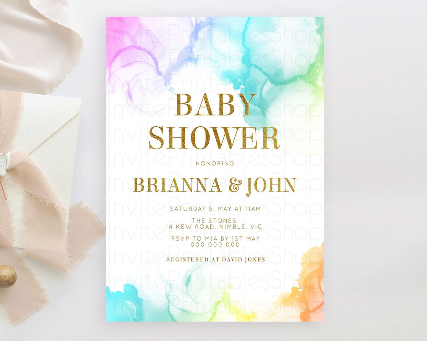 Pastel Rainbow Baby Shower Invitation, Gender Reveal Colorful Watercolor with Gold Glitter Sprinkles, Ombre Blue, Pink, Orange D10181