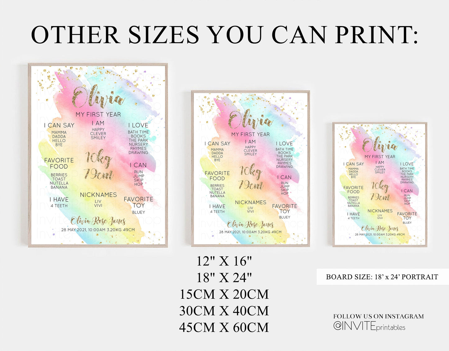 Pastel First Birthday Milestone Board Pastel Rainbow Milestone Poster Watercolor Glitter One Year Poster Colorful Splash Baby 1st Year G518
