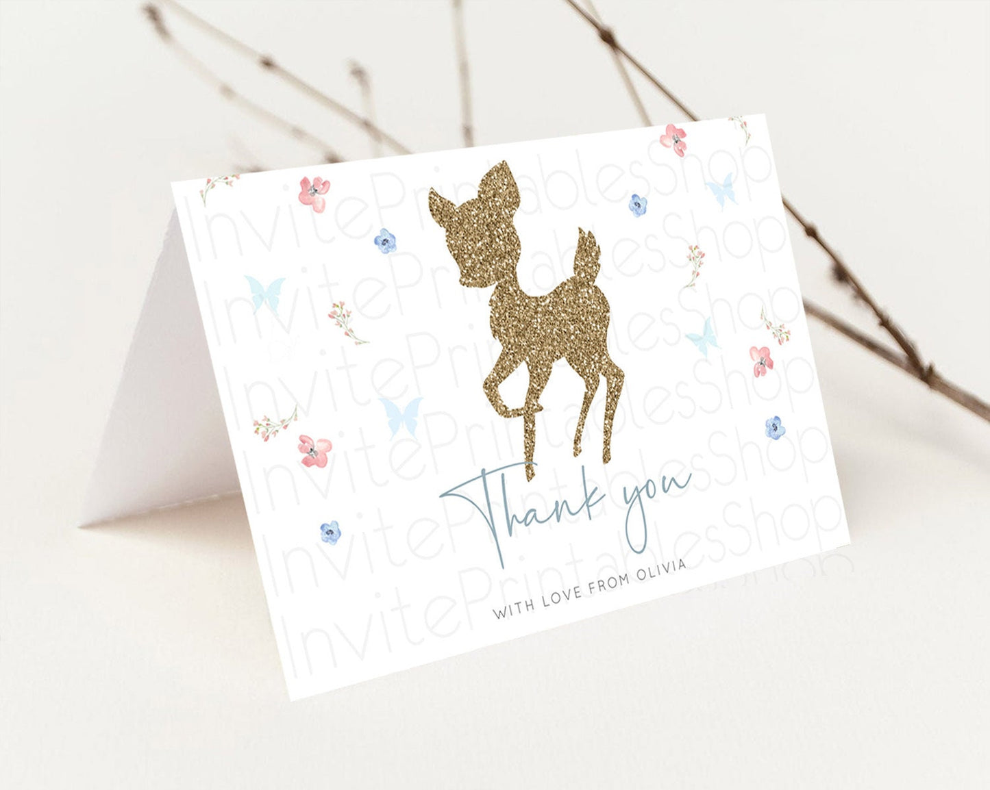 Fawn Thank You Deer Thank You Card Pastel Floral Deer Birthday Thank You Card Enchanted Forest Butterfly Deer Teacher Thank You Card D10359