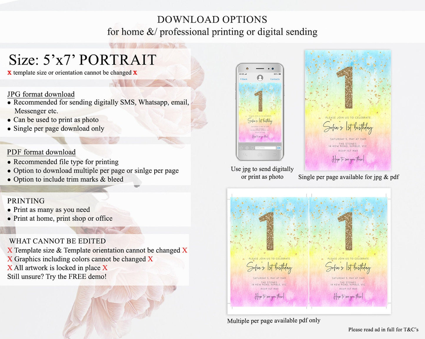 Rainbow Birthday Invitation Colorful Pastel Watercolor Invitation Gold Glitter Sprinkles Ombre Pastel 1st 2nd 3rd Birthday D10480