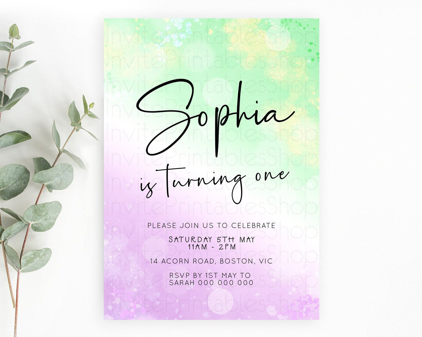 Pastel Birthday Invitation Ombre Watercolor Birthday Invitation Glitter Rainbow Color Splash 1st 2nd 3rd Birthday Invitation D23103