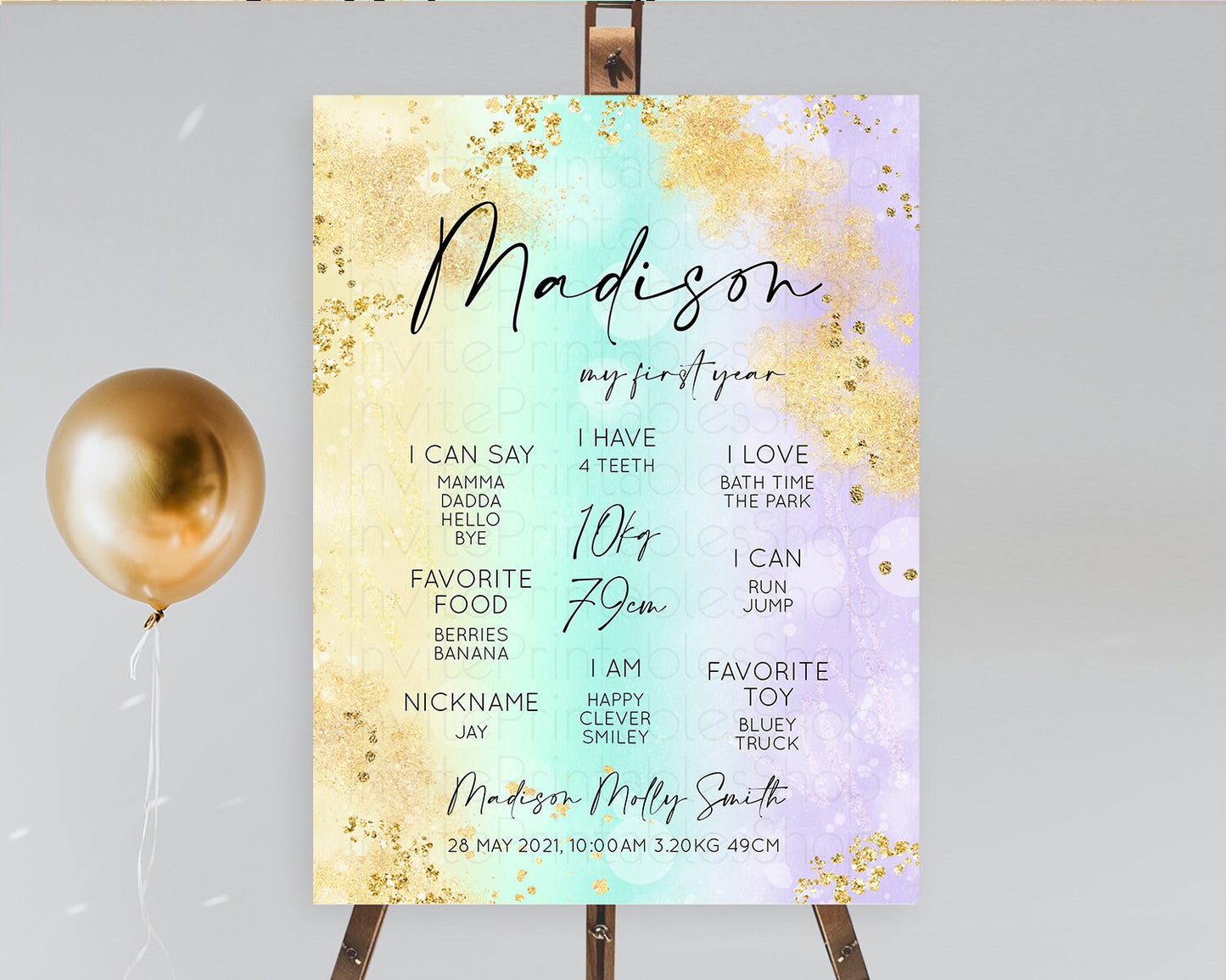 Pastel First Birthday Milestone Board Pastel Rainbow Milestone Poster Colorful Confetti Watercolor Glitter 1st Birthday Welcome Sign D10672