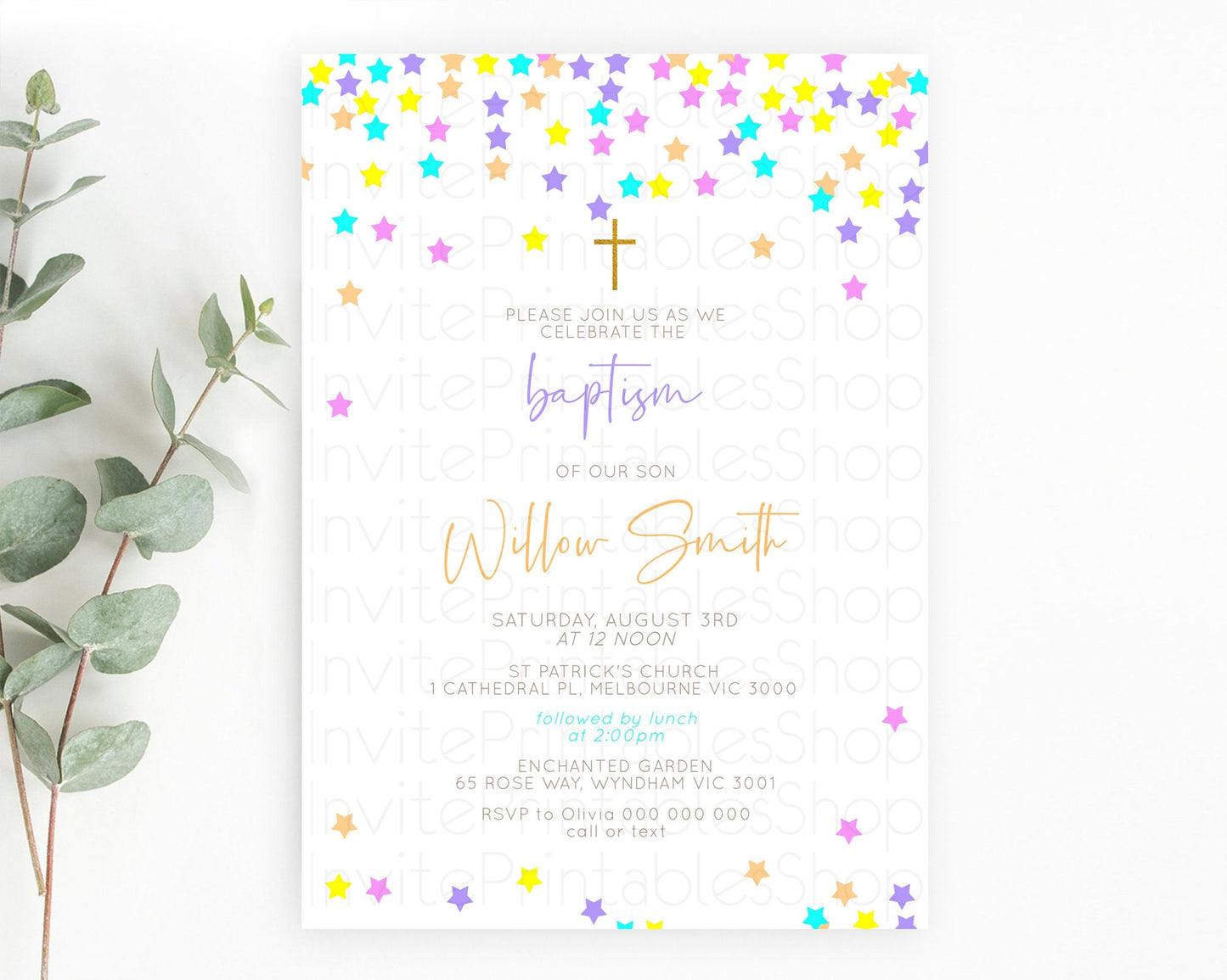 Star Baptism Invitation Pastel Stars Baptism 1st Birthday Invitation Rainbow Colors Confetti Twinkle Little Star Christening Invite D10397