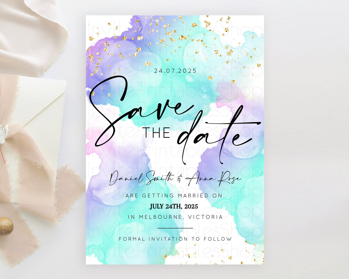 Pastel Save The Date Template Pastel Ombre Rainbow Watercolor Colorful Party For Birthday Baptism Baby Shower Wedding Bridal Shower D10212