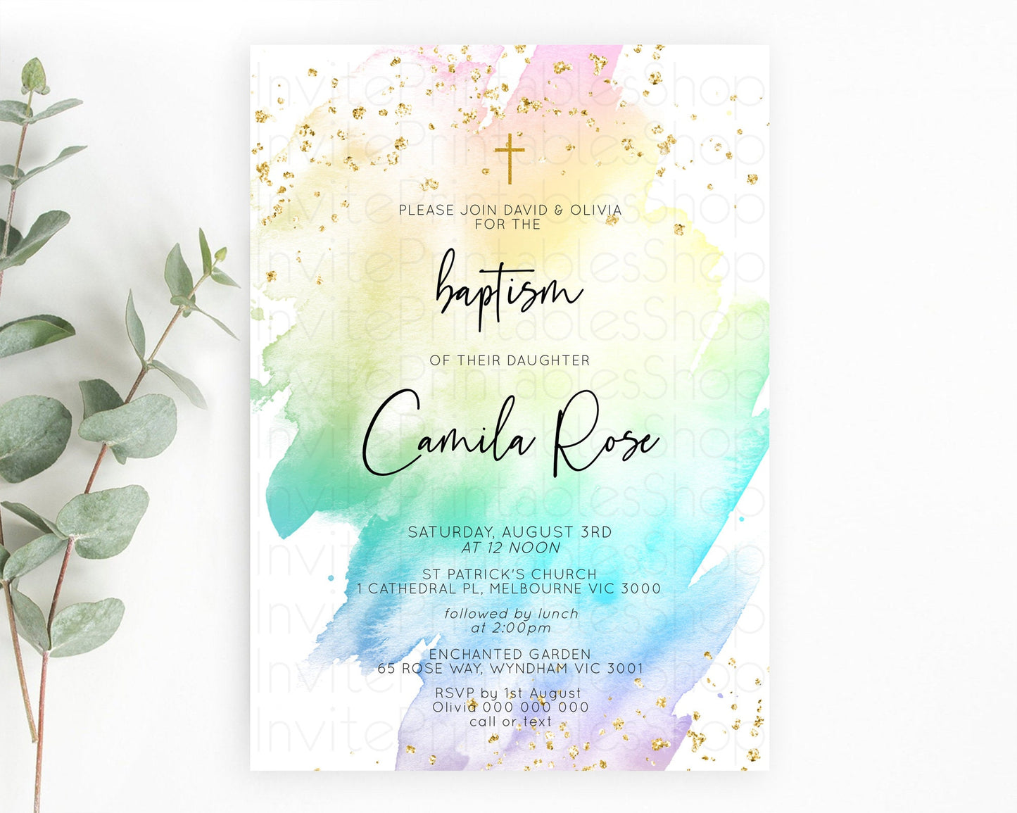 Pastel Baptism Invitation Pastel Colors Watercolor Baptism 1st Birthday Party Gold Ombre Pastel Rainbow Christening Holy Communion D10256