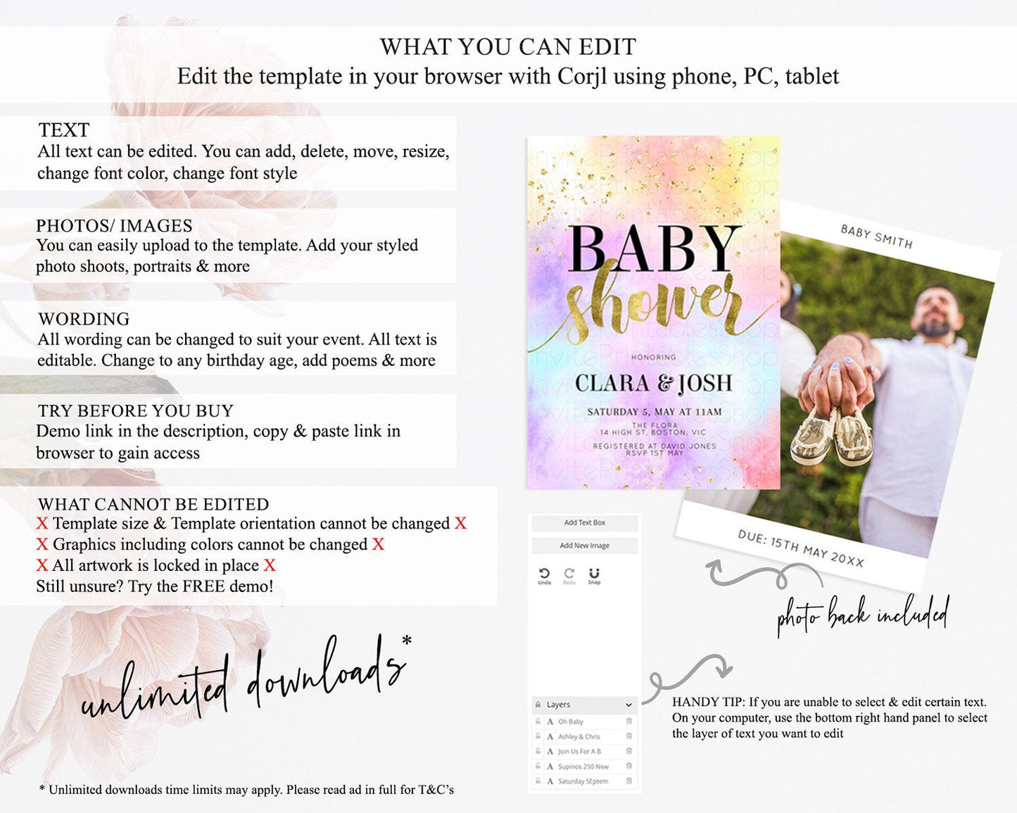 Pastel Baby Shower Invitation Rainbow Baby Shower Invitation Colorful Pastel Watercolor Invitation Gold Glitter Sprinkles Ombre D10435